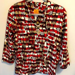 Ruby Rd Large Red/Beige /Black Abstract Print with a Jeweled neckline.